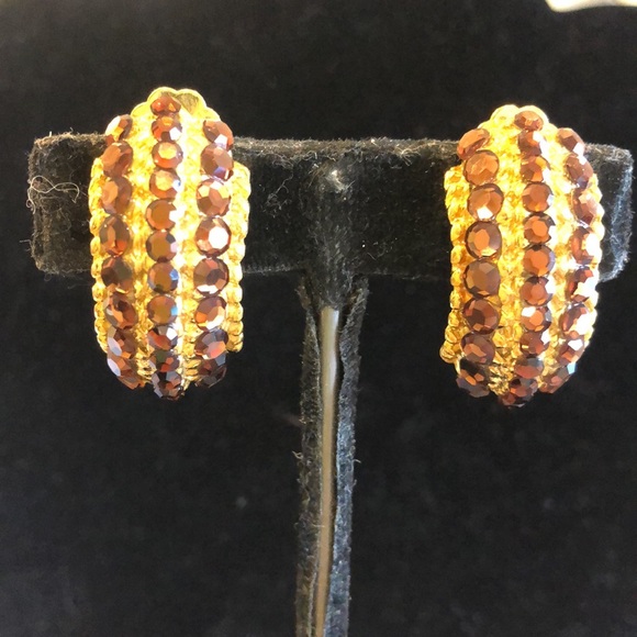 Smoky Topaz Austrian Crystal 1/2 Hoop Style Vintage Earrings-Boutique - Picture 7 of 9